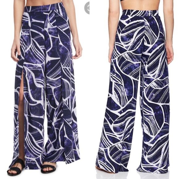 La Blanca Pants - LA BLANCA Full Slit Coverup Pants L Women's Blue Navy White Abstract Beach Pool